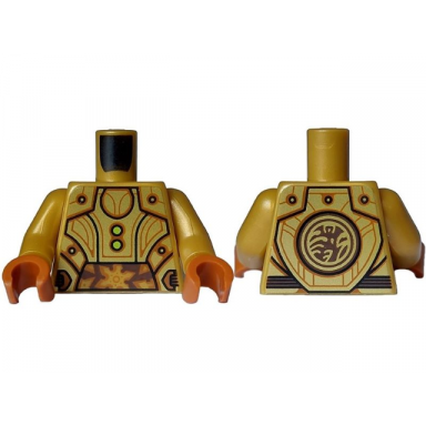 pearl gold torso armor with gold plates black outline lime buttons and dark orange highlights medium brown circle with ninjago logogram t of s on back pattern pearl gold arms dark orange hands