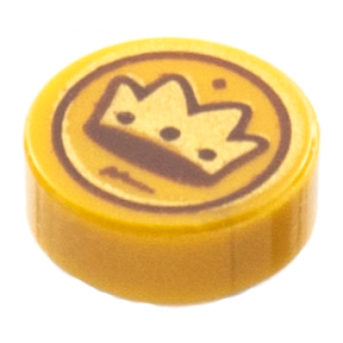 pearl gold tile round 1 x 1 with gold and dark brown crown coin pattern