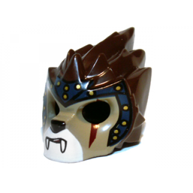 dark brown minifigure headgear mask lion with dark tan face dark red scar and dark blue headpiece with gold circles pattern