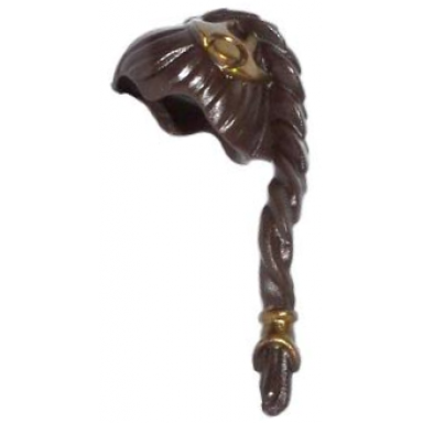 dark brown minifigure hair female ponytail long braided with gold hair clips pattern
