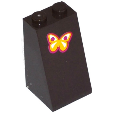 dark brown slope 75 2 x 2 x 3 - solid studs with yellow white and magenta butterfly pattern sticker - set 41059