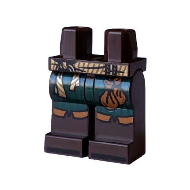 dark brown hips and legs with dark green kilt gold sash with folds and dark orange stripes 2 pouches and black stripes on toes pattern