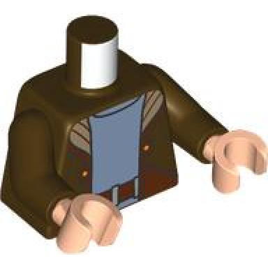 dark brown torso sw jacket with dark tan lapels over sand blue shirt reddish brown belt with silver bars pattern dark brown arms light nougat hands