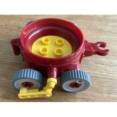 dark red duplo cart with wheels and yellow rod