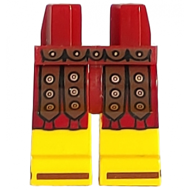dark red hips and yellow legs with tunic with leather straps with copper studs and brown sandals pattern