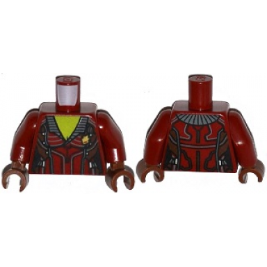 dark red torso female jacket open collar with silver buttons and gold badge lime chest pattern dark red arms reddish brown hands