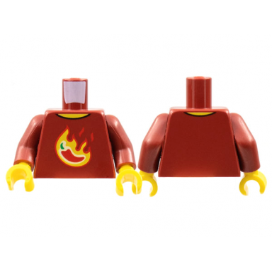 dark red torso red chili pepper in yellow flames pattern dark red arms yellow hands