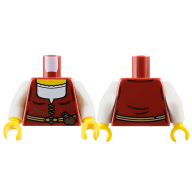 dark red torso female dress with dark brown dirt stains over white shirt with scalloped collar dark tan belt with pouch yellow neck pattern white arms yellow hands