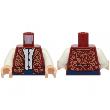 dark red torso vest open with lapels pockets and copper filigree over white shirt dark blue pants with buttons pattern white arms light nougat hands