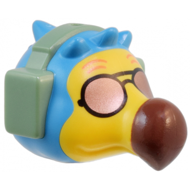 dark azure minifigure head modified bird dodo with molded sand green headset and yellow face and printed copper sunglasses orange eyebrows and reddish brown beak pattern