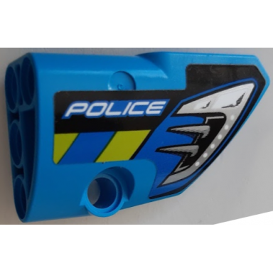 dark azure technic panel fairing 2 small smooth short side b with silver headlight blue and lime diagonal stripes and police pattern sticker - set 42091