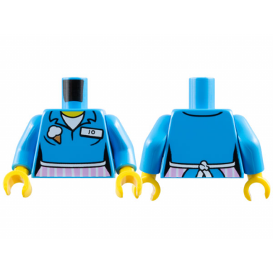 dark azure torso female shirt with ice cream cone jo name tag white apron with bright pink stripes yellow neck pattern dark azure arms yellow hands