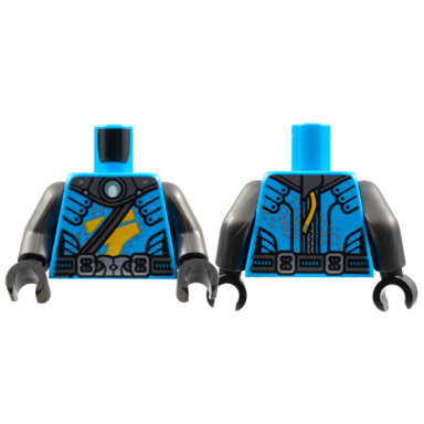 dark azure torso pearl dark gray collar and belts bright light orange ninjago logogram letter n metallic light blue speckles pattern pearl dark gray arms black hands