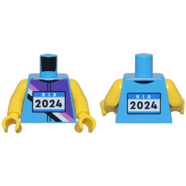 dark azure torso jersey with dark purple dark pink black and white diagonal stripes blue race bib and 2024 pattern yellow arms yellow hands
