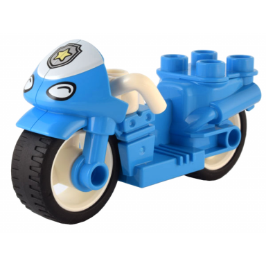 dark azure duplo motorcycle with rubber wheels white handlebars headlights and windscreen with police star badge logo pattern