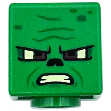 bright green minifigure head modified cube with bright light yellow and reddish brown eyes black nose green spots and wrinkles angry open mouth with teeth pattern