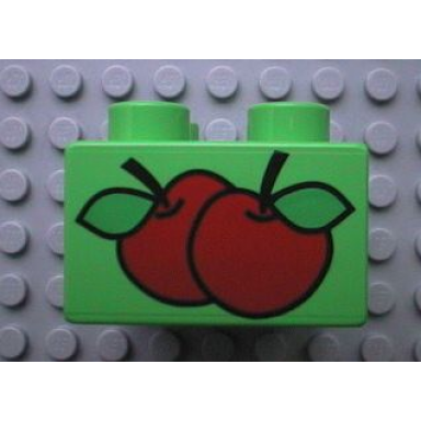 bright green duplo brick 2 x 2 with 2 apples pattern