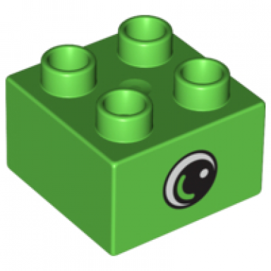 bright green duplo brick 2 x 2 with eye small with white spot and curve pattern on opposite sides