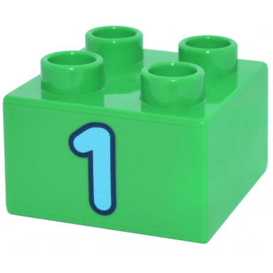bright green duplo brick 2 x 2 with medium azure number 1 with dark blue outline pattern