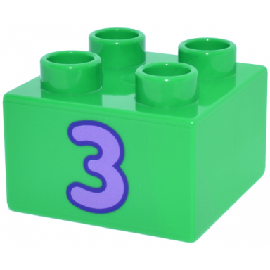 bright green duplo brick 2 x 2 with medium lavender number 3 with dark purple outline pattern