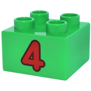bright green duplo brick 2 x 2 with red number 4 with dark red outline pattern