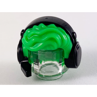 bright green minifigure hair male tousled with black headset with microphone pattern
