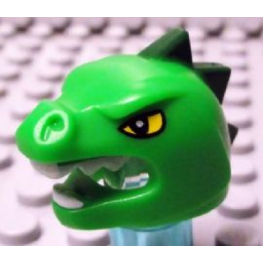 bright green minifigure headgear head cover costume lizard with yellow eyes white teeth and dark green horns pattern
