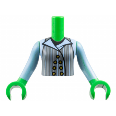 bright green torso mini doll girl dark bluish gray vest with gold buttons light bluish gray and bright light blue pinstripes and lapels over black t-shirt pattern bright green arms with hands with bright light blue long sleeves