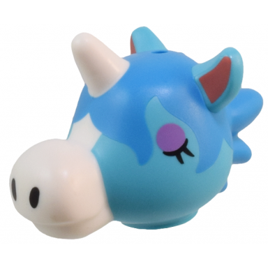 medium azure minifigure head modified unicorn wide with molded dark azure hair white nose and horn and printed coral inner ears black nostrils and medium lavender eyelids eyes pattern