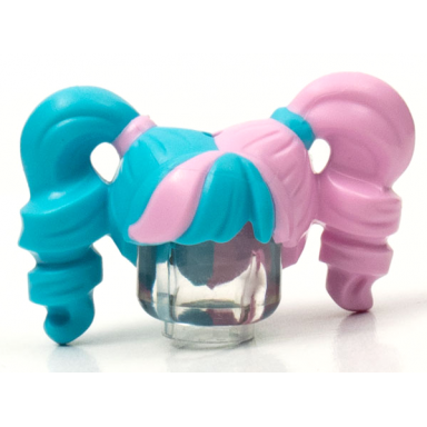 medium azure minifigure hair female pigtails high bouncy hole on top with bright pink hair on left side and tie on right side pattern