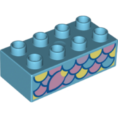 medium azure duplo brick 2 x 4 with bright light yellow bright pink and lavender fish scales and fin pattern on both sides