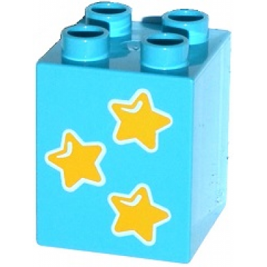 medium azure duplo brick 2 x 2 x 2 with 3 yellow stars pattern
