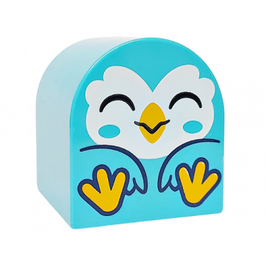 medium azure duplo brick 2 x 2 x 2 slope curved double with bird with white face bright light orange beak and feet and black eyes closed pattern