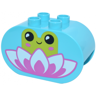 medium azure duplo brick 2 x 4 x 2 rounded ends with dark pink and white lotus flower and lime frog with cheek spots and black eyes pattern