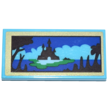 medium azure tile 2 x 4 with landscape picture of castle on island clouds trees in foreground gold frame pattern sticker - set 43263