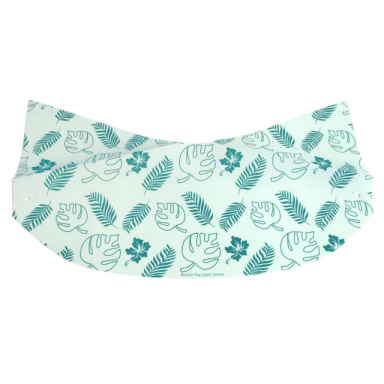 light aqua cloth tent semicircular with dark turquoise leaves fronds and flowers pattern