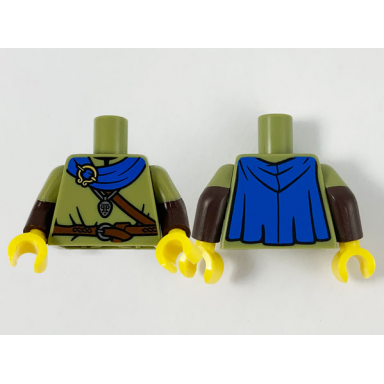 olive green torso shirt blue cape gold brooch silver pendant and dark brown belts pattern dark brown arms with molded olive green short sleeves pattern yellow hands