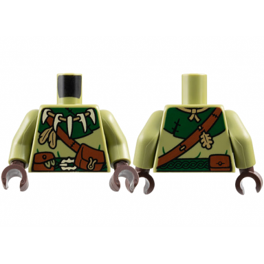 olive green torso coat dark green collar reddish brown shoulder belt and pouches tan bone buckle tooth necklace pattern olive green arms dark brown hands