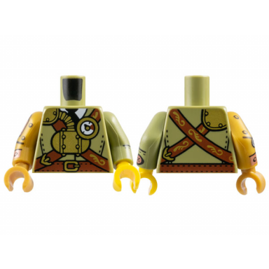 olive green torso suit with reddish brown belt and crossbelt gold steam tank gauge and buckles over white shirt with black tie pattern olive green arm left with black seams and stitches and copper button pattern pearl gold arm right with copper and silver mechanical joint pattern yellow hand left pearl gold hand right