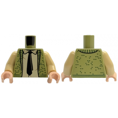 olive green torso knit vest open with lapels and dark green trim tan shirt with collar black tie pattern tan arms light nougat hands