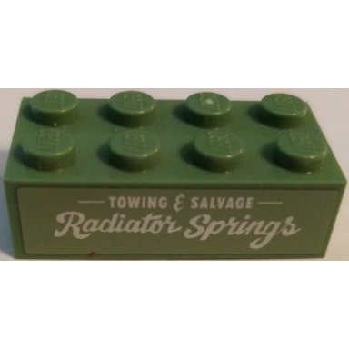 sand green brick 2 x 4 with towing salvage and radiator springs pattern sticker - set 8677