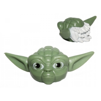 sand green minifigure head modified sw yoda straight ears with large eyes and white hair pattern