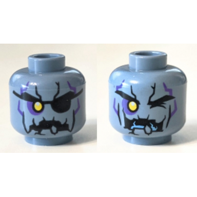 sand blue minifigure head dual sided alien with yellow right eye eye patch jagged rock mouth and stone cracks pattern