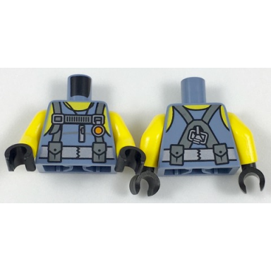 sand blue torso scuba suit with utility belt with 2 pouches yellow neck and shoulders pattern yellow arms black hands