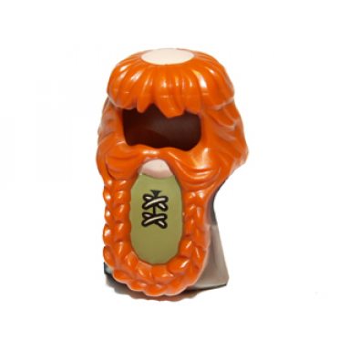 dark orange minifigure hair shaggy and short with braided beard with olive green laced shirt light nougat bald spot and chin pattern