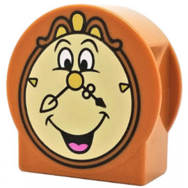 dark orange duplo brick 1 x 2 x 2 round top cut away sides with cogsworth clock face with gold nose pattern