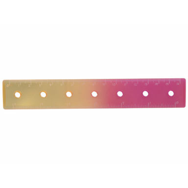 trans-light orange clikits tool ruler 6in 16cm with 7 holes with white numbers and hash marks and color graduating to trans-dark pink pattern