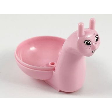 pink snail body with black eyebrows white eyes with eyelashes freckles and open mouth smile with teeth pattern