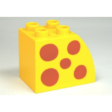 yellow duplo brick 2 x 3 x 2 slope curved with dark orange spots pattern on both sides