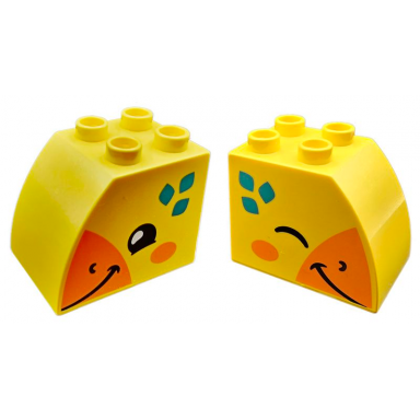 yellow duplo brick 2 x 3 x 2 slope curved with dark azure feathers orange beak and cheeks black eyes smile and nostrils rooster head pattern